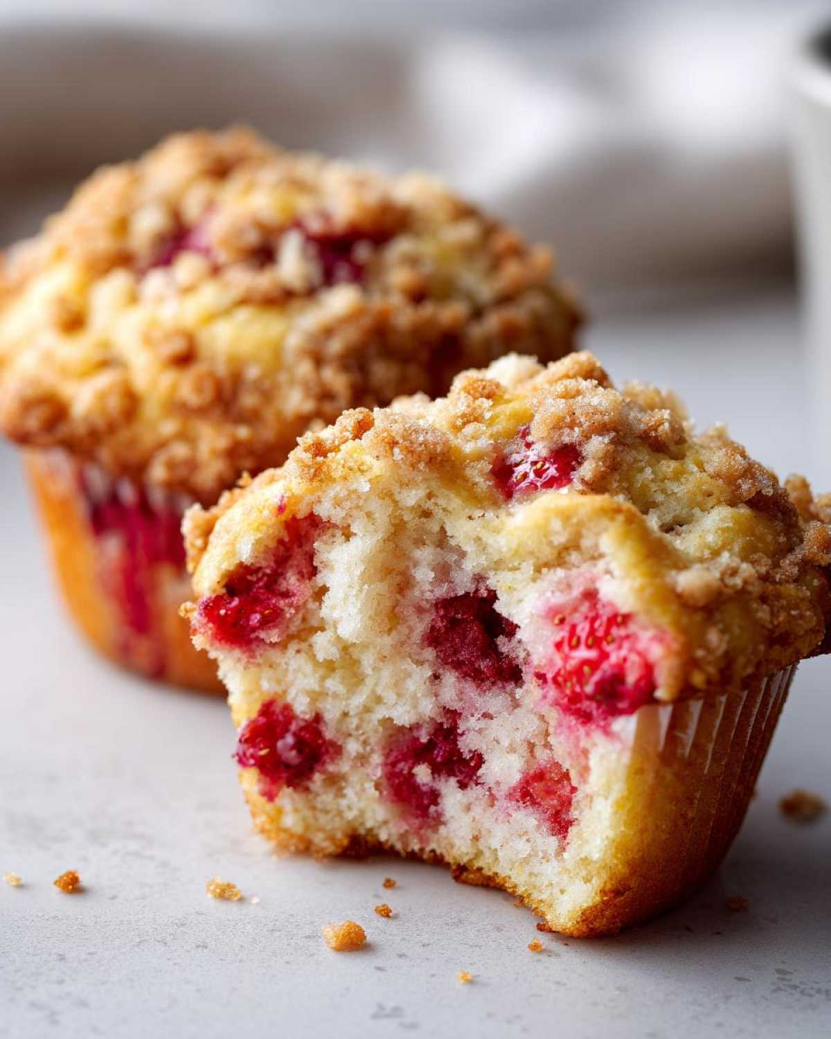 Close-up of a delicious strawberry muffin broken in half, showing bright red fruit inside and a sugary crumb topping.
