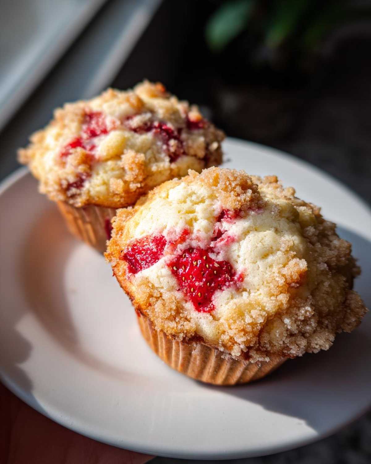Two freshly baked strawberry muffins with a golden crumb topping sitting on a white plate.