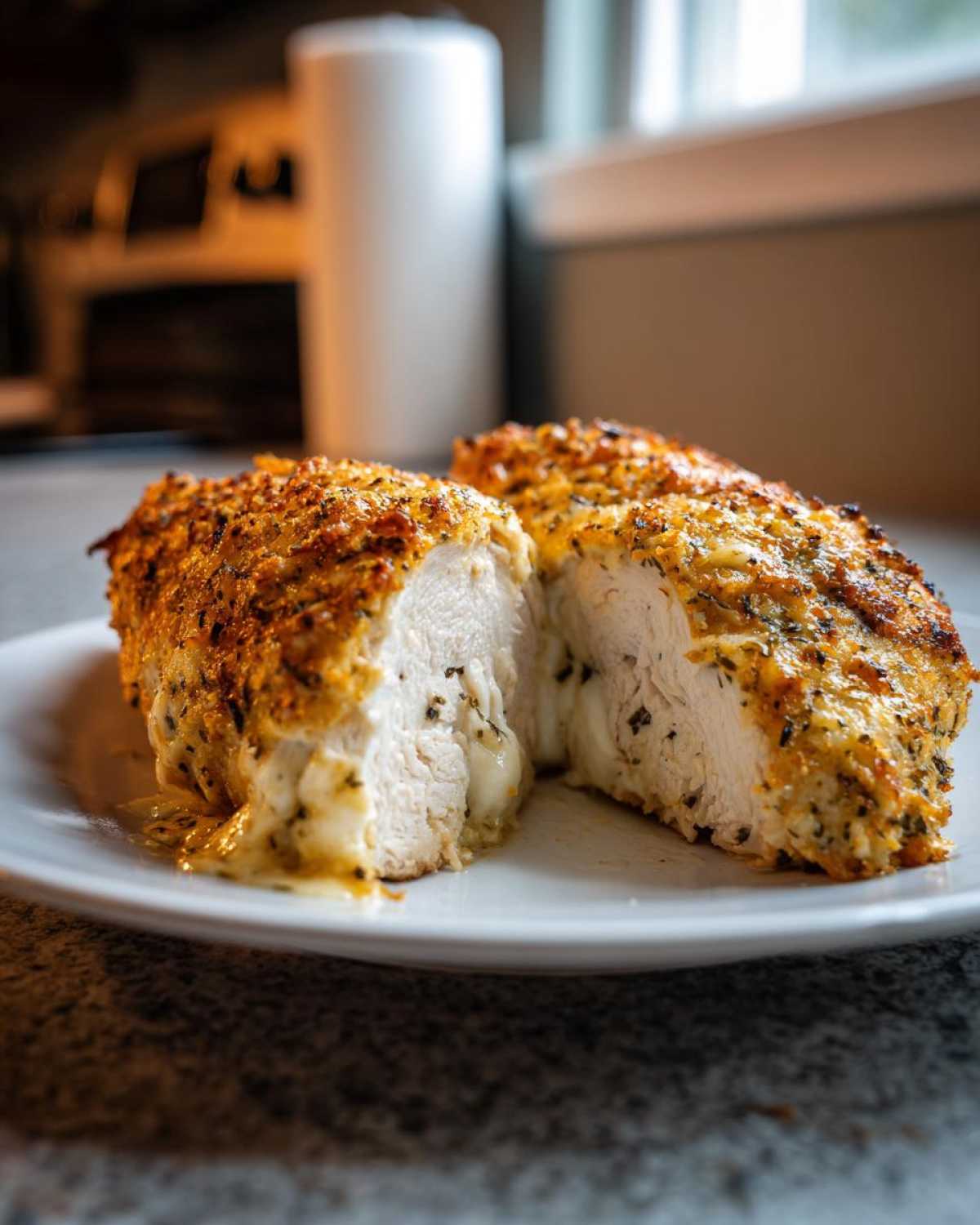Close-up of a stuffed caesar chicken breast, cut open to show melted cheese filling and a crispy, seasoned crust.