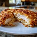 Cross-section of crispy, breaded caesar chicken stuffed with melted cheese.