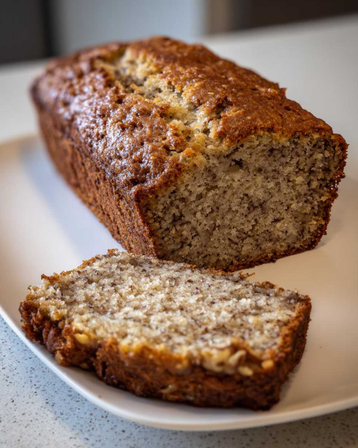 A golden-brown loaf of sugar free banana bread with one thick slice cut and resting in front.