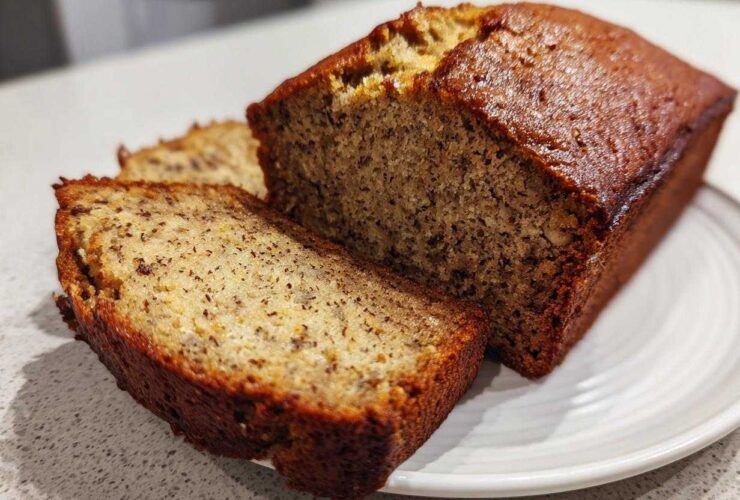 A close-up of a golden brown sugar free banana bread loaf with two slices cut and resting on a white plate.