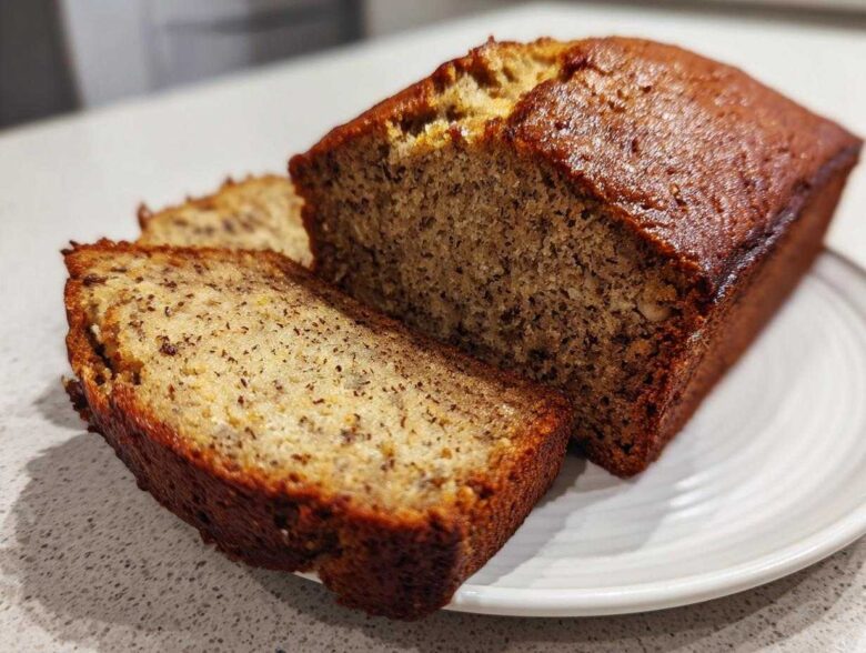 A close-up of a golden brown sugar free banana bread loaf with two slices cut and resting on a white plate.