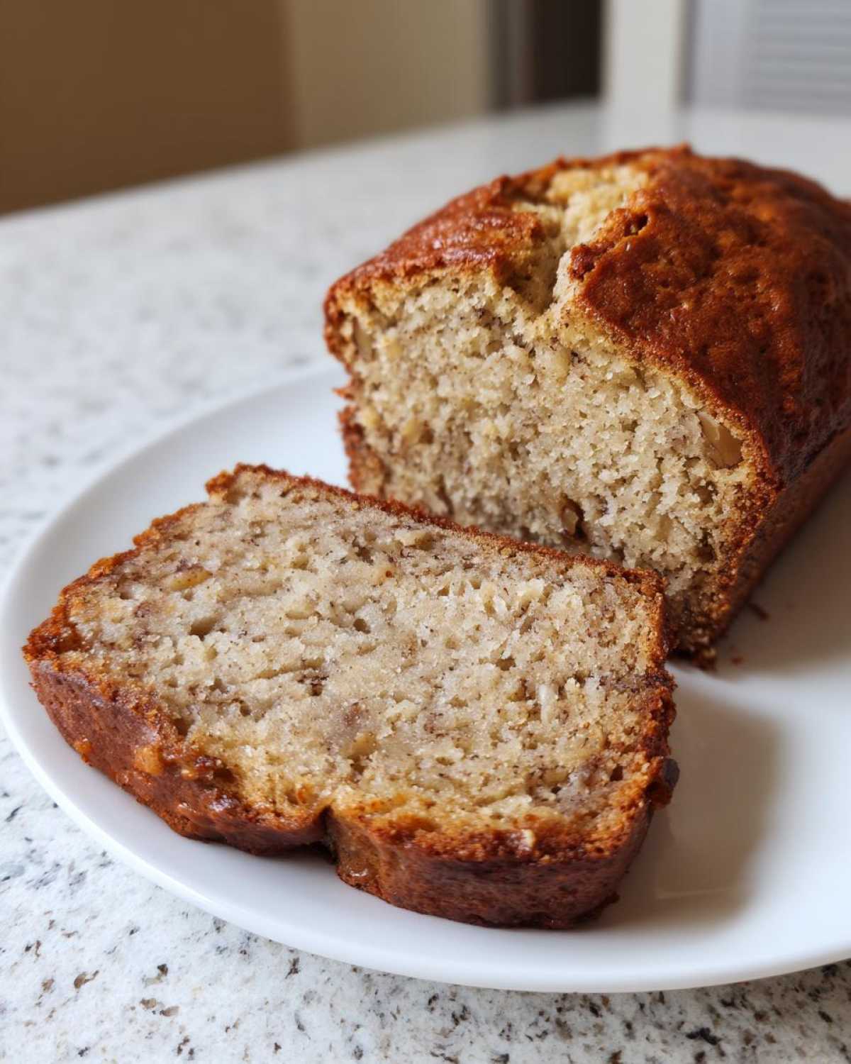 A close-up of a slice of moist sugar free banana bread next to the rest of the loaf on a white plate.
