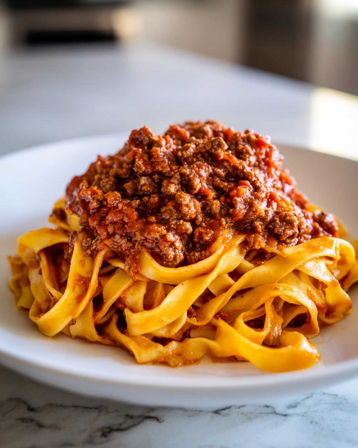 A close-up of fresh tagliatelle pasta topped generously with rich, homemade bolognese sauce.