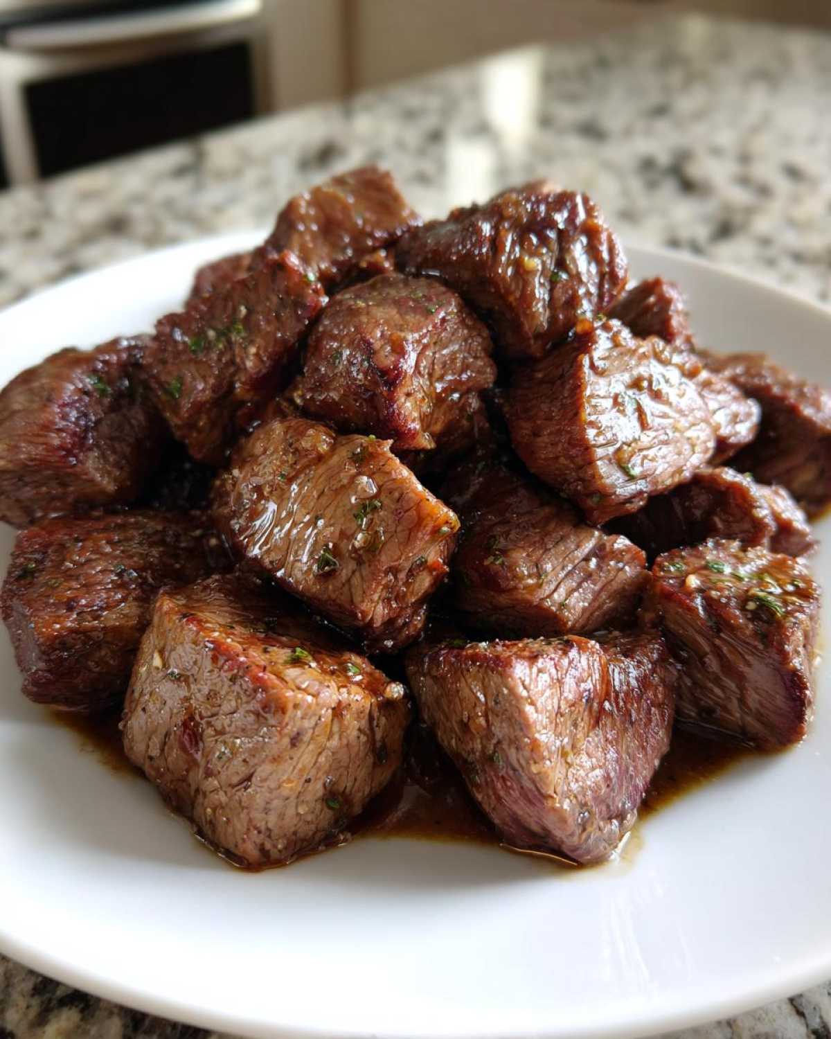 A close-up of tender, juicy cubes of crockpot steak coated in a savory glaze, piled on a white plate.