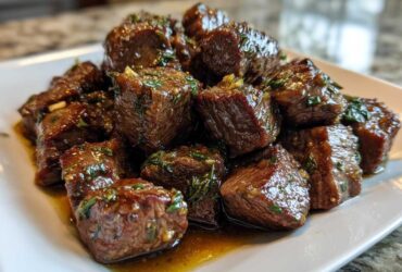 Close-up of tender, glazed crockpot steak bites seasoned with herbs and garlic on a white plate.