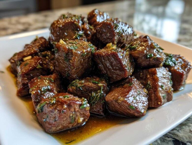 Close-up of tender, glazed crockpot steak bites seasoned with herbs and garlic on a white plate.