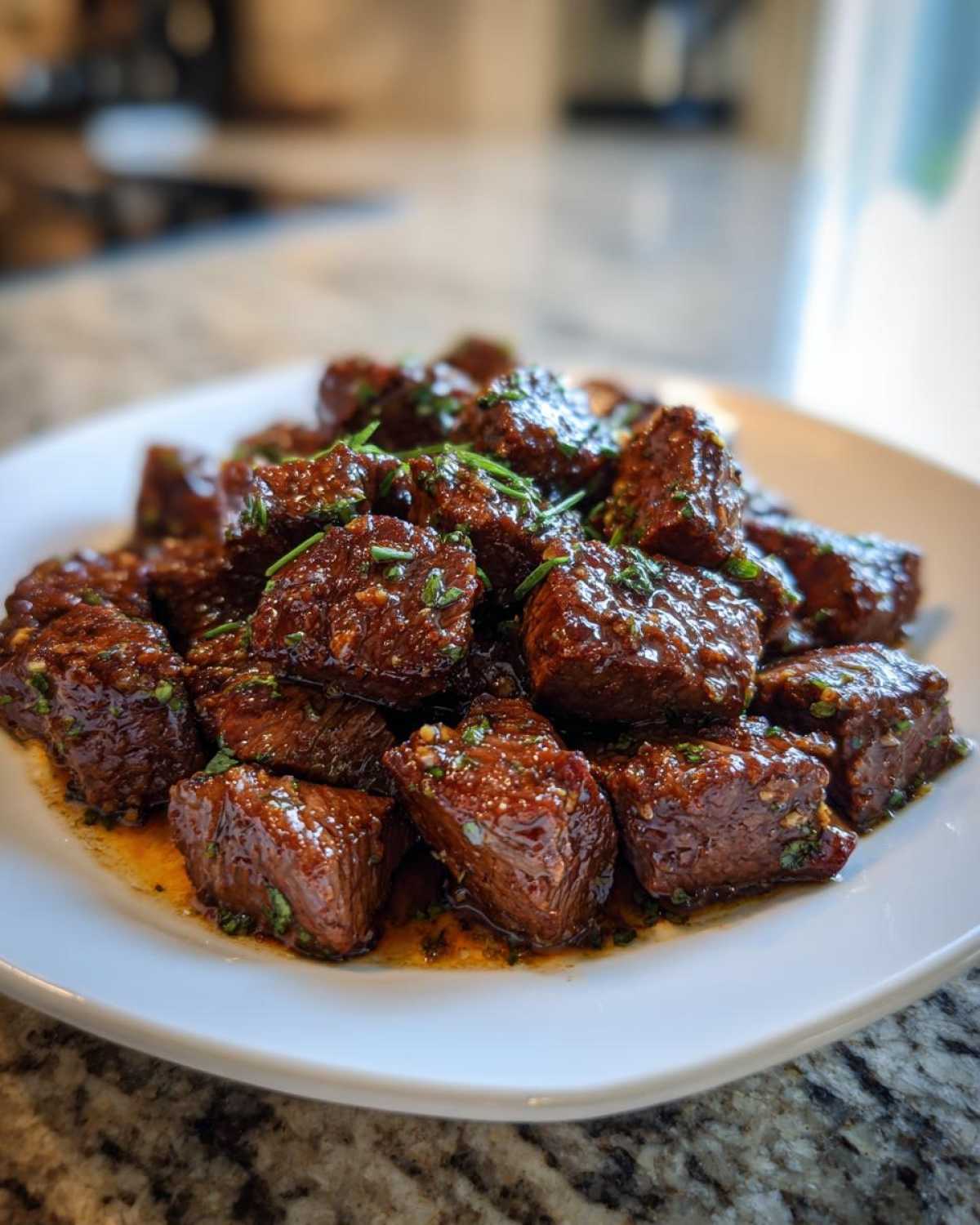 Close-up of tender, saucy crockpot steak bites piled on a white plate and garnished with fresh green herbs.