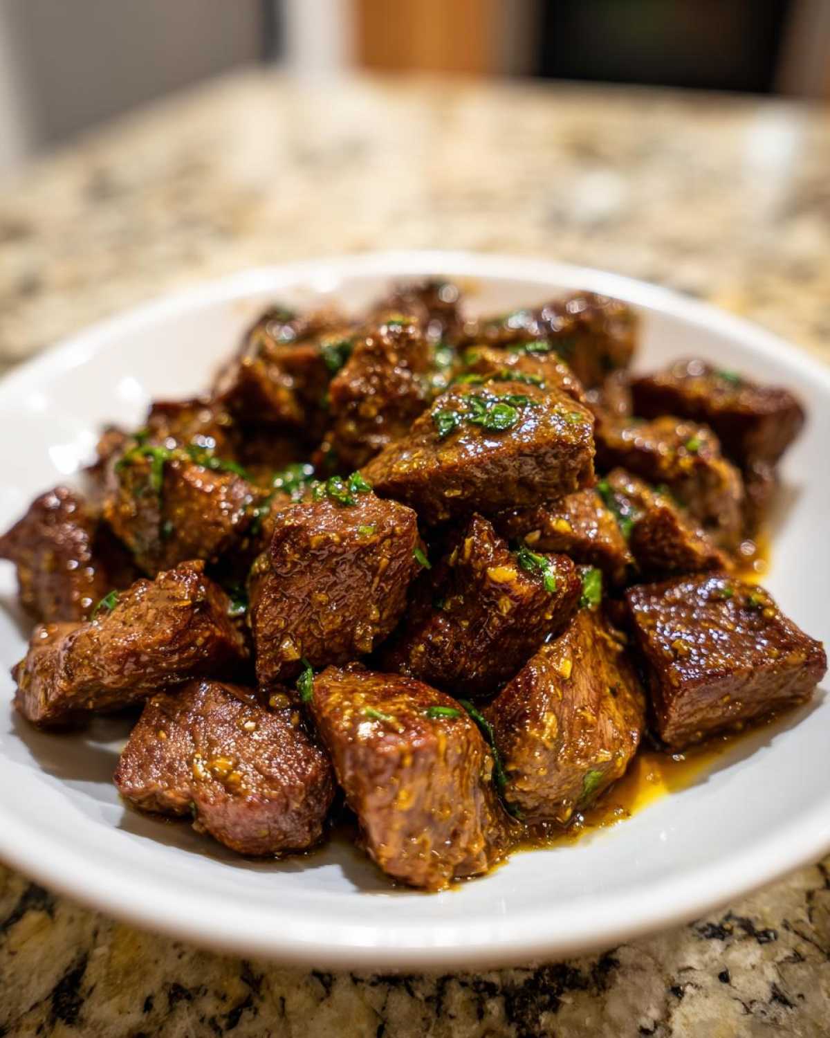 Close-up of tender, saucy crockpot steak bites piled high on a white plate, garnished with fresh green herbs.