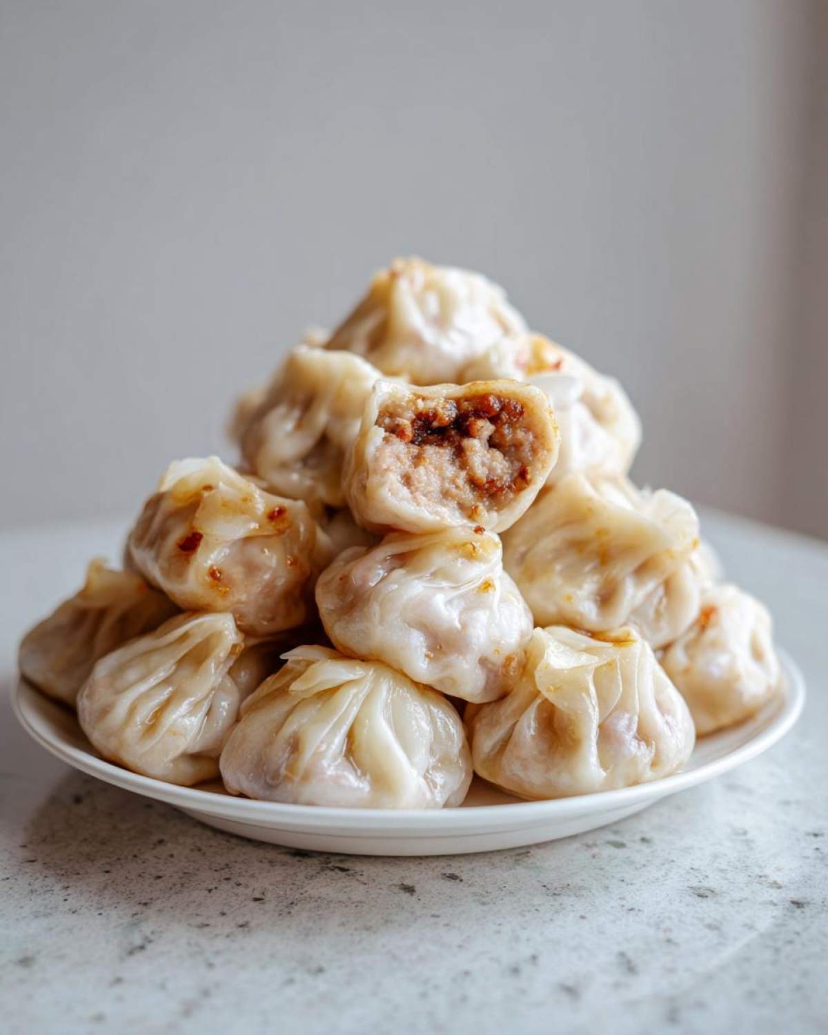 A mound of glistening Traditional Chinese Dumplings piled high on a white plate, one cut open to show the savory meat filling.