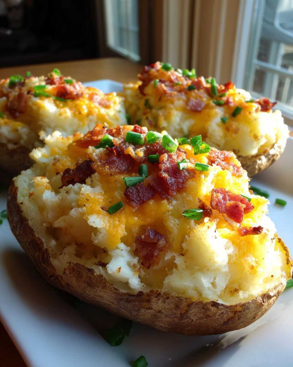 Close-up of delicious twice-baked potatoes loaded with mashed potato filling, melted cheddar cheese, bacon bits, and chives.