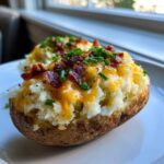 Close-up of a perfectly prepared twice-baked potato topped with melted cheddar, crispy bacon, and fresh chives.