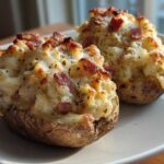 Two perfectly baked twice baked potatoes overflowing with creamy filling, melted cheese, and bacon bits.