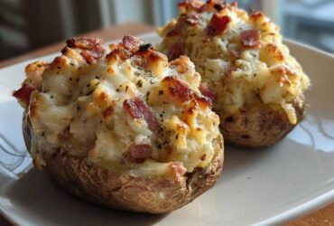 Two perfectly baked twice baked potatoes overflowing with creamy filling, melted cheese, and bacon bits.