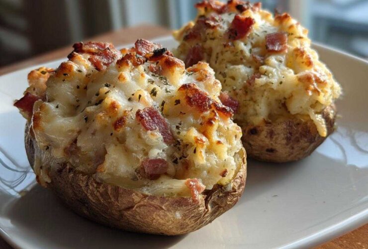 Two perfectly baked twice baked potatoes overflowing with creamy filling, melted cheese, and bacon bits.