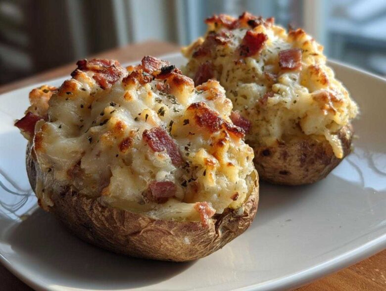 Two perfectly baked twice baked potatoes overflowing with creamy filling, melted cheese, and bacon bits.