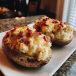 Two perfectly cooked twice baked potatoes stuffed with creamy filling, melted cheese, and bacon bits.