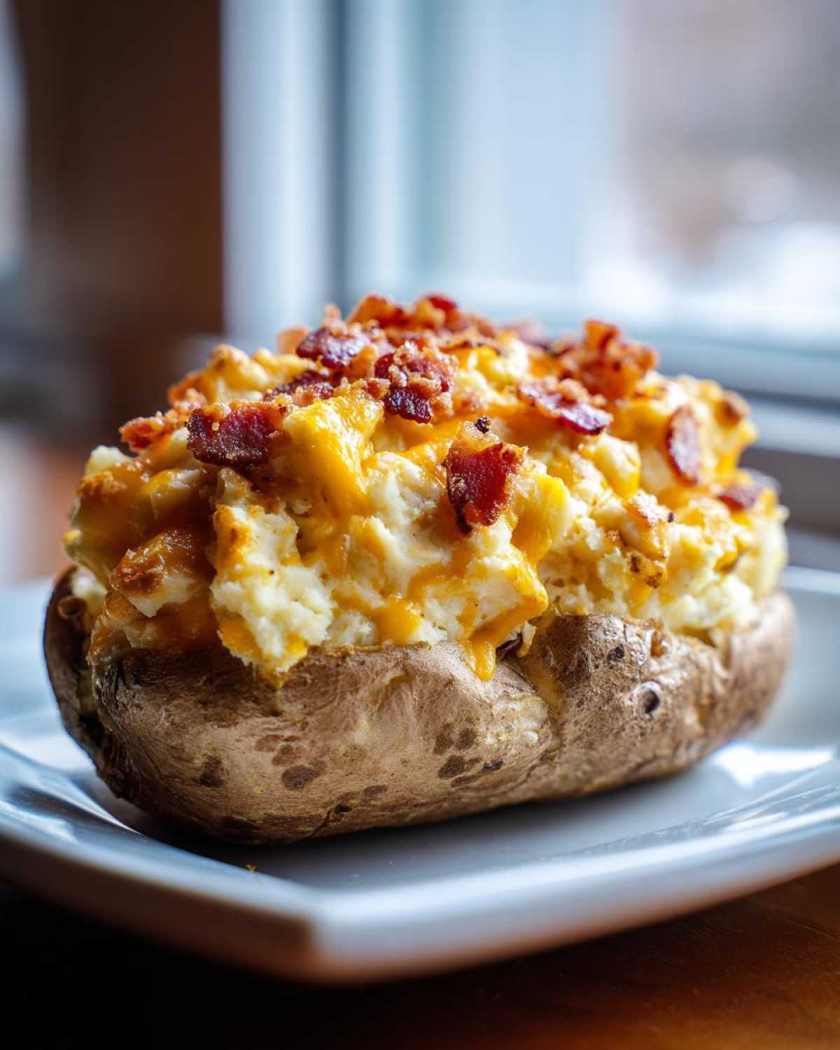 A perfectly prepared twice baked potatoes stuffed with creamy filling, melted cheddar cheese, and topped with crispy bacon bits.