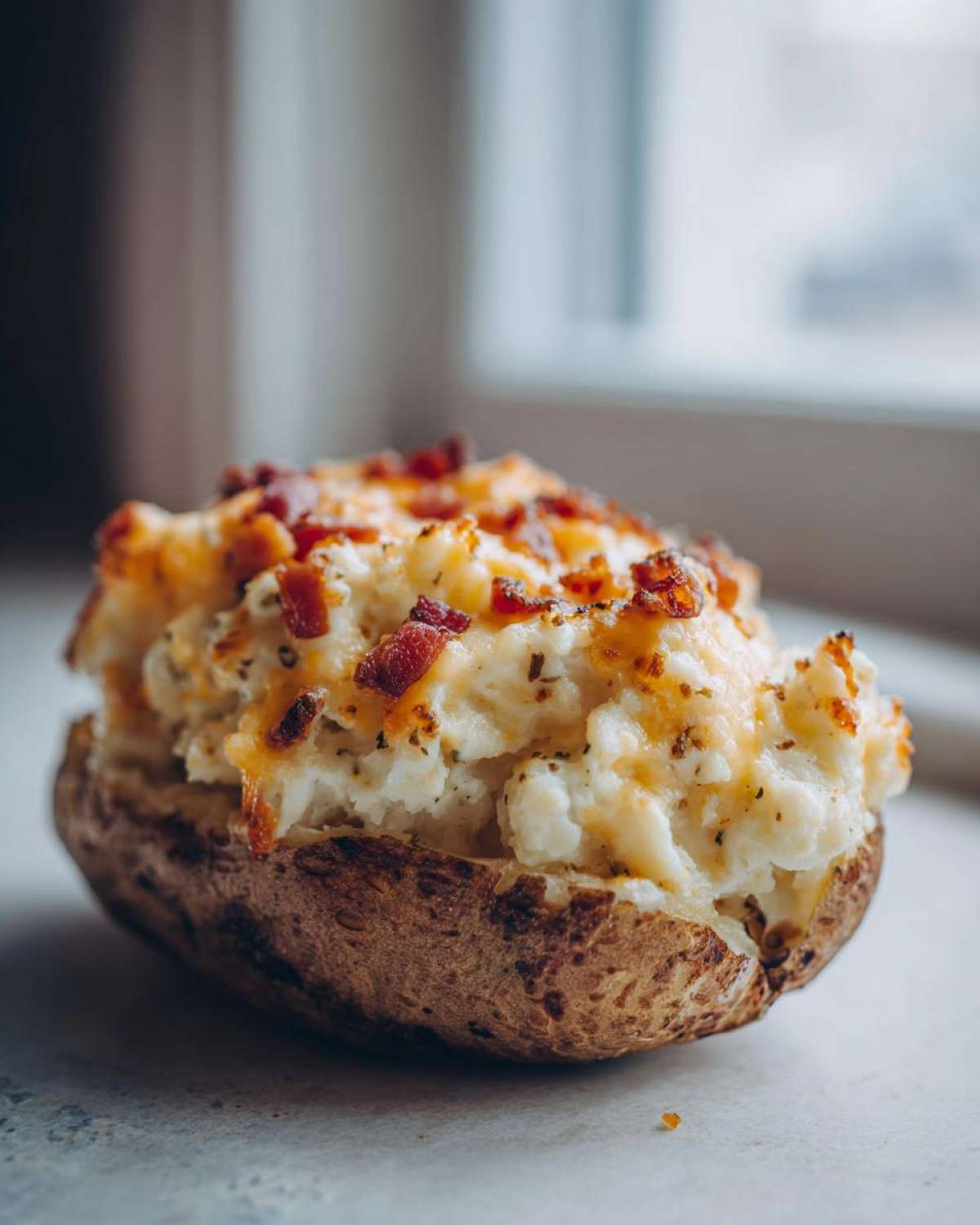 A close-up of a perfectly prepared twice baked potatoes, stuffed with creamy filling, melted cheese, and topped with crispy bacon bits.