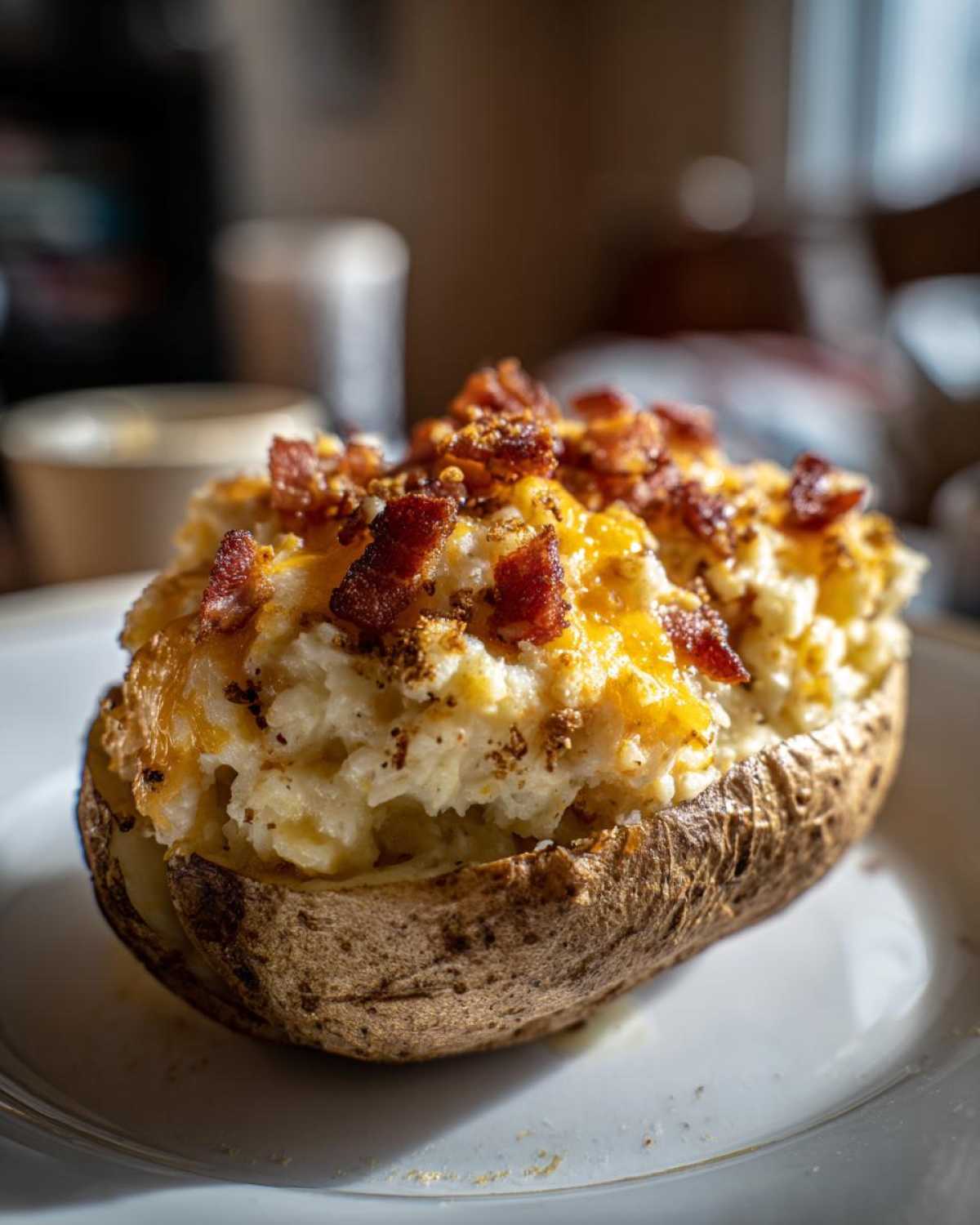 A close-up of a perfectly baked twice baked potatoes, stuffed with creamy filling, melted cheddar cheese, and topped with crispy bacon bits.