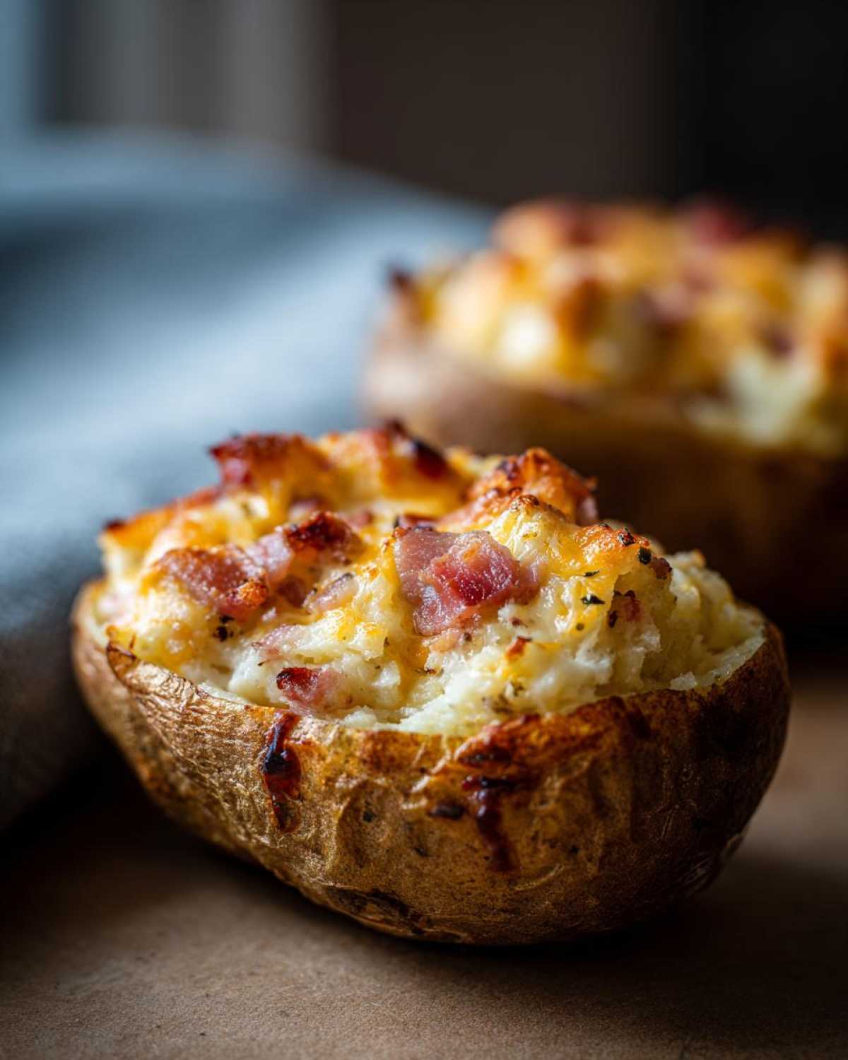 A close-up of a perfectly baked twice baked potatoes stuffed with creamy filling, cheese, and bacon bits.