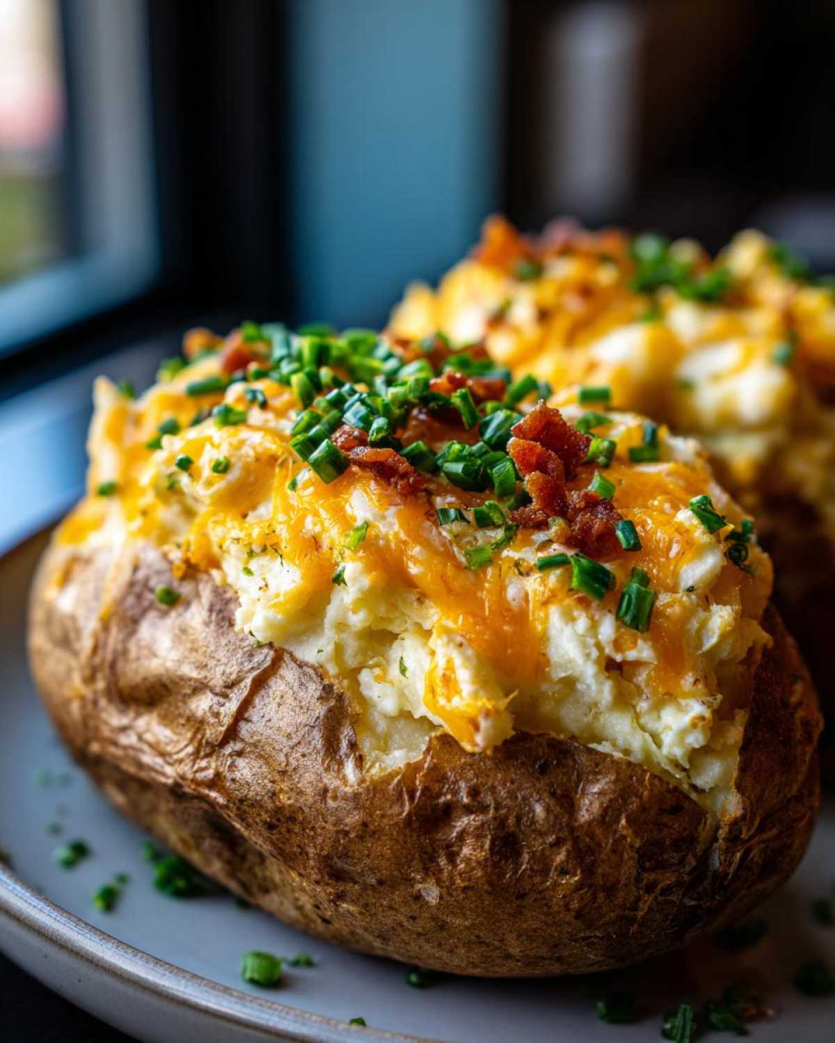 A close-up of a fluffy twice-baked potato loaded with melted cheddar cheese, bacon bits, and fresh chives.