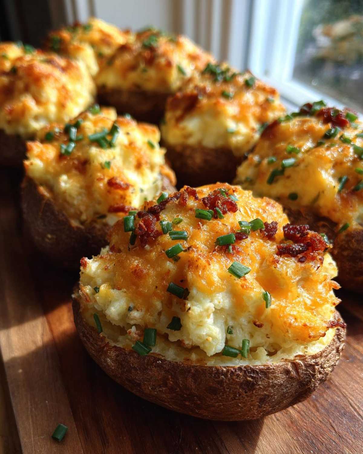 Close-up of several Twice-baked potatoes stuffed with creamy filling, topped with melted cheddar cheese, bacon bits, and fresh chives.