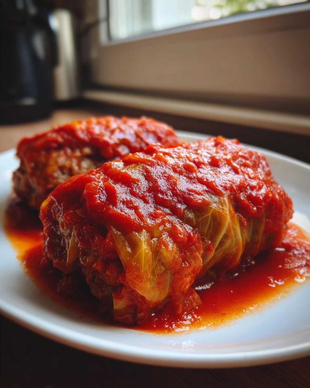 Close-up of two savory cabbage rolls smothered in rich tomato sauce served on a white plate.