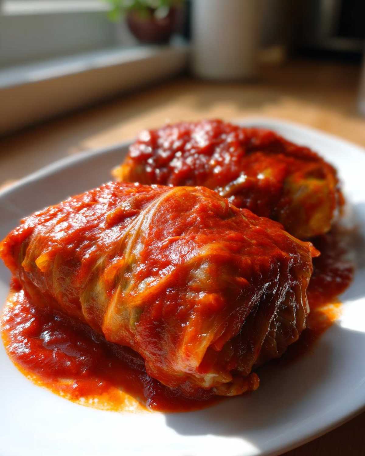 Close-up of two savory cabbage rolls generously covered in vibrant red tomato sauce served on a white plate.