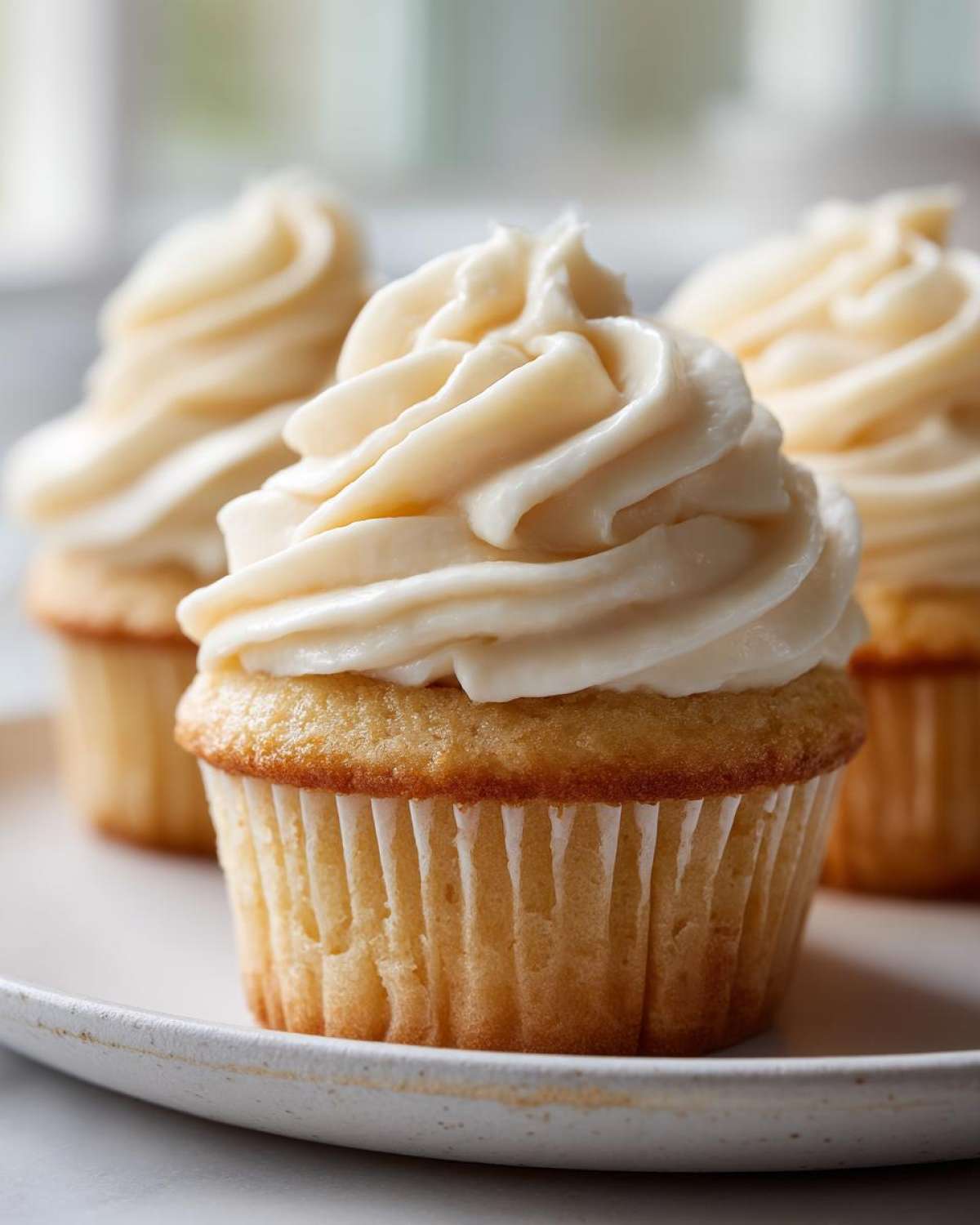 A close-up of three moist vanilla cupcakes topped with thick swirls of creamy vanilla frosting.