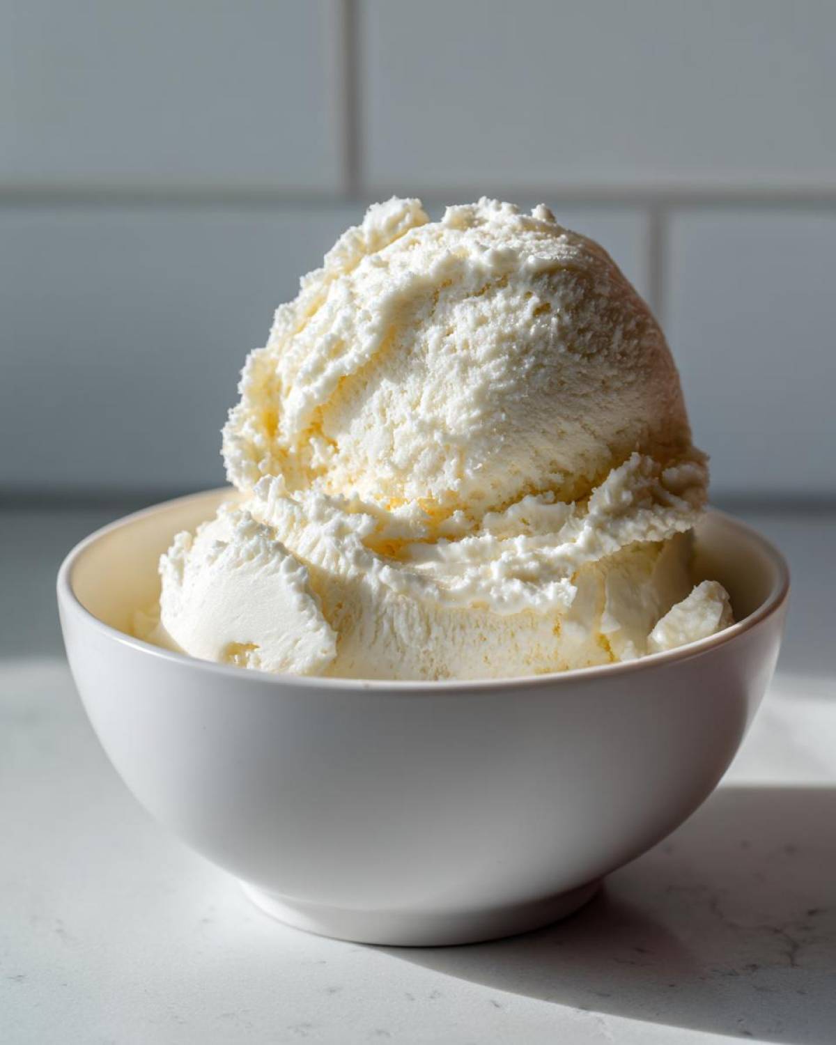 A close-up of two scoops of creamy vanilla protein ice cream served in a white bowl.