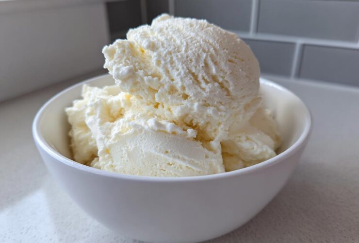 Close-up of creamy vanilla protein ice cream scoops served in a simple white bowl.