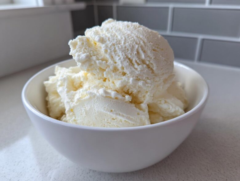 Close-up of creamy vanilla protein ice cream scoops served in a simple white bowl.
