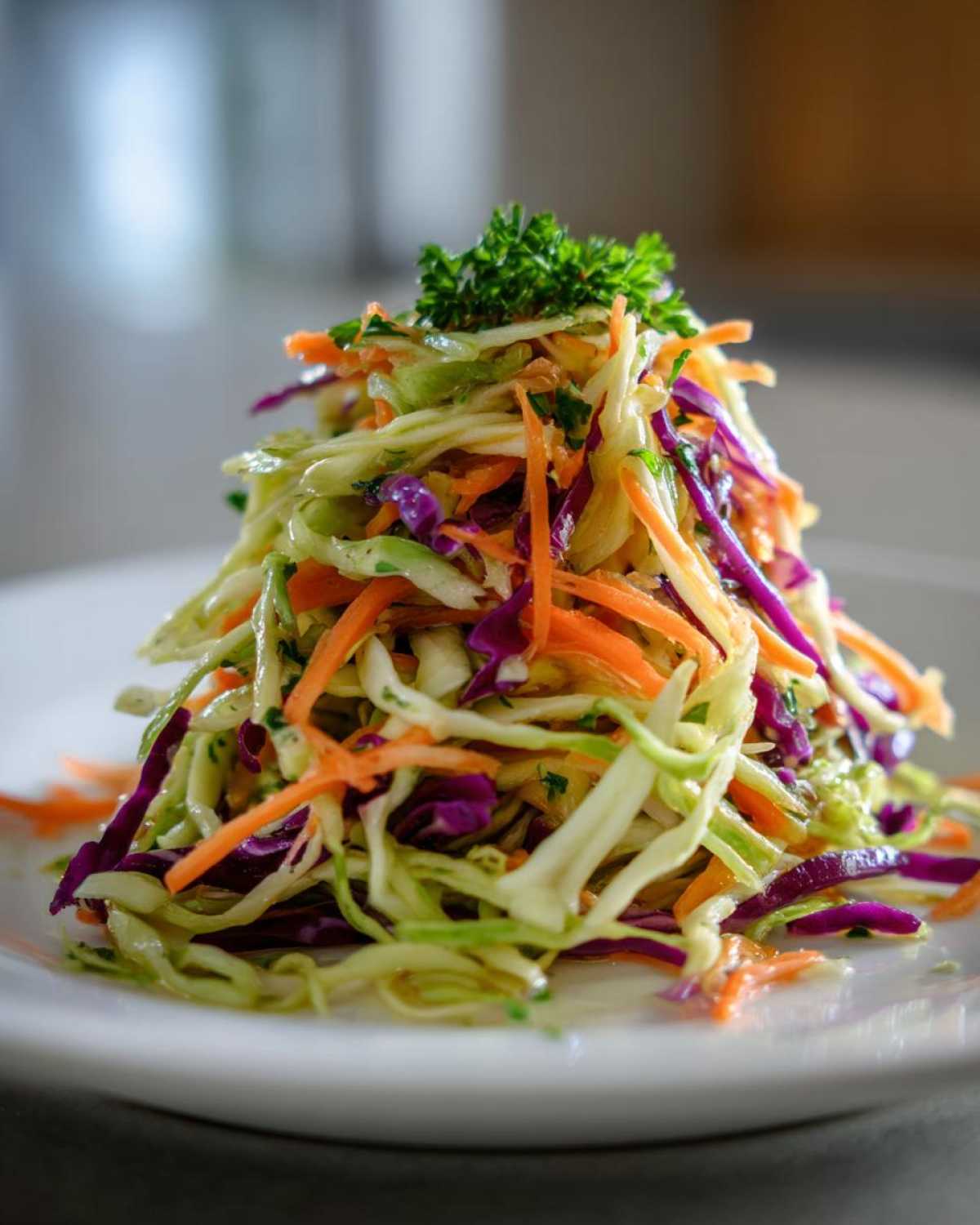 A tall mound of colorful cabbage salad featuring shredded green cabbage, purple cabbage, and carrots, topped with parsley.