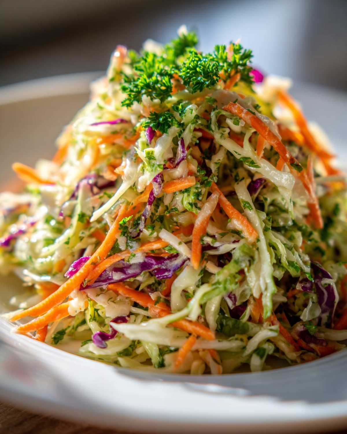 Close-up of a vibrant mound of fresh cabbage salad featuring shredded white and purple cabbage, carrots, and parsley.