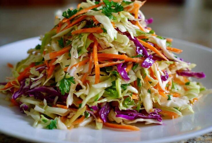 A mound of fresh cabbage salad featuring shredded white cabbage, purple cabbage, bright orange carrots, and green parsley on a white plate.