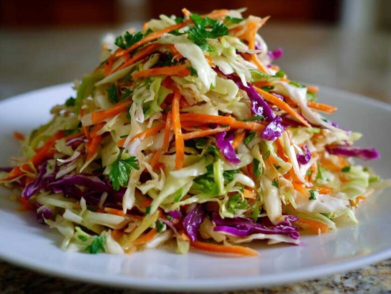 A mound of fresh cabbage salad featuring shredded white cabbage, purple cabbage, bright orange carrots, and green parsley on a white plate.