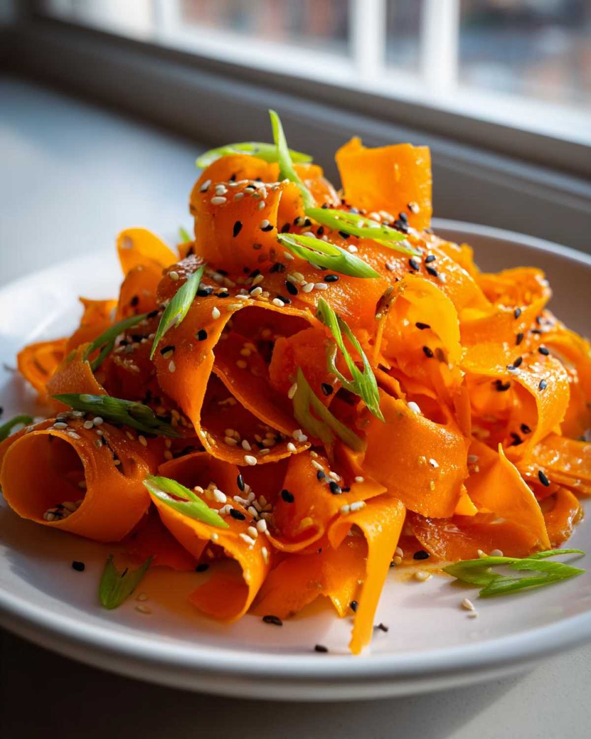 Close-up of a vibrant raw carrot salad made from shaved carrot ribbons, topped with sesame seeds and green onions.