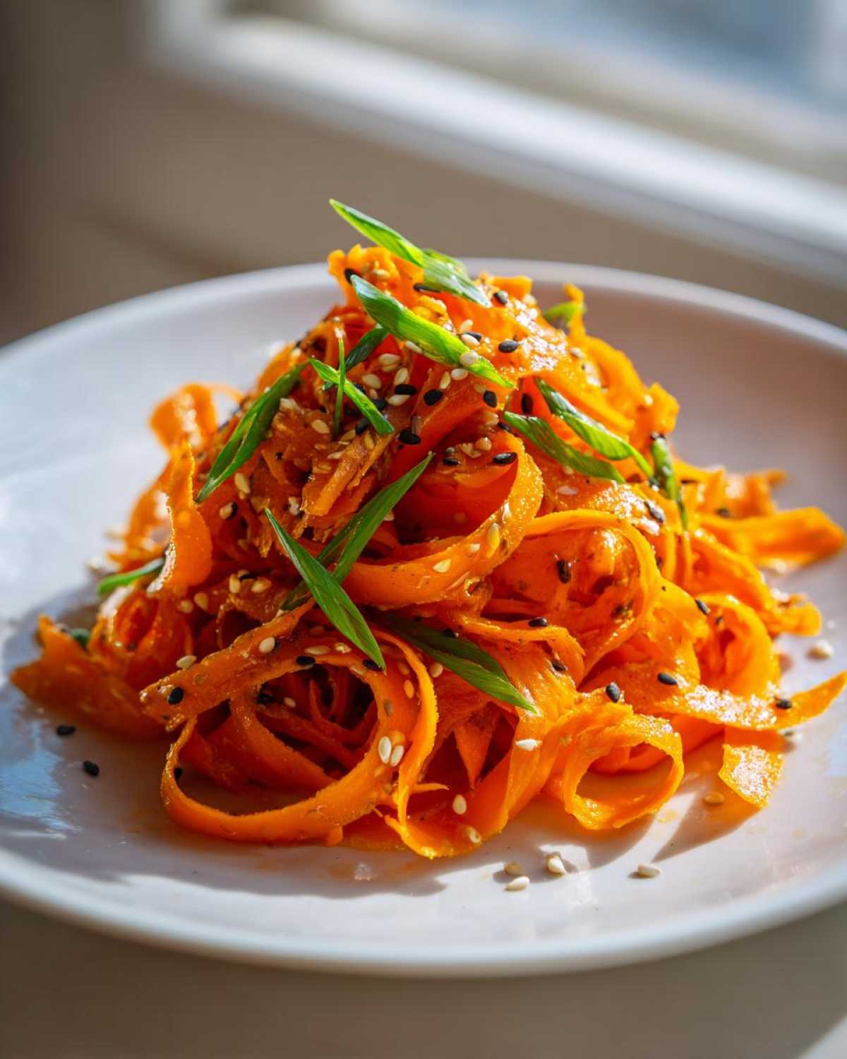 Close-up of a vibrant raw carrot salad made with shaved ribbons, topped with sesame seeds and green onions.