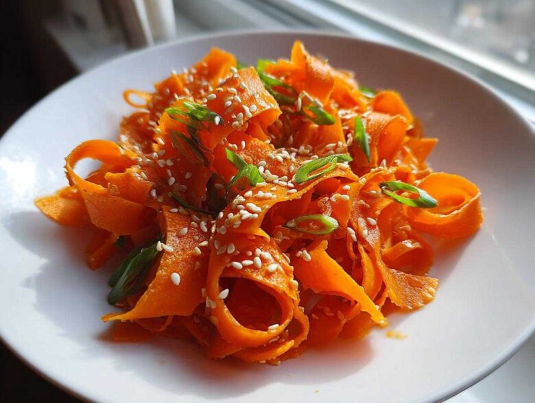 Close-up of a vibrant raw carrot salad made with shaved carrot ribbons, topped with sesame seeds and green onions.