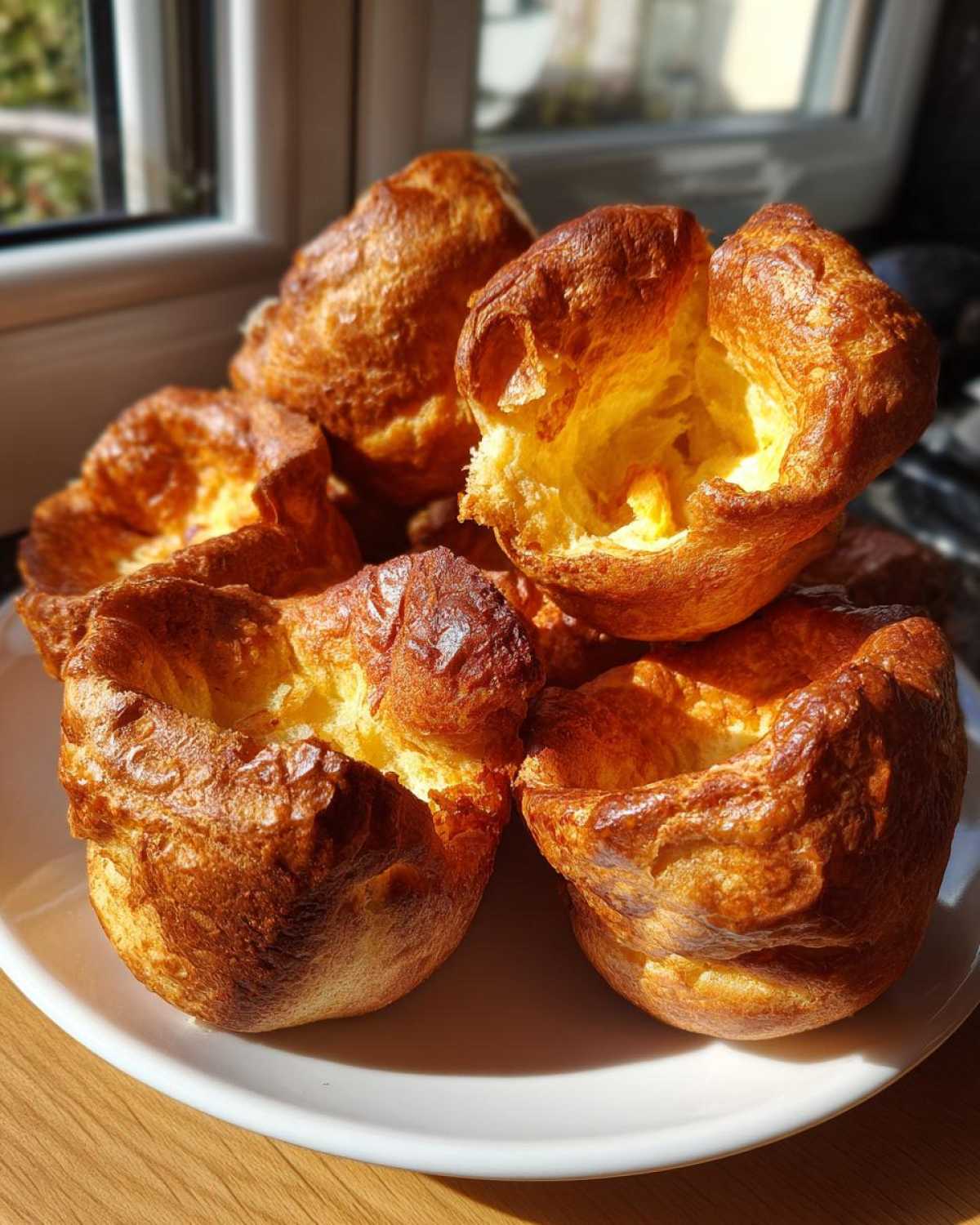 A close-up of several golden brown, tall, and airy yorkshire pudding towers piled on a white plate.