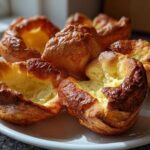 A close-up of several golden brown, puffed yorkshire pudding towers sitting on a white plate.