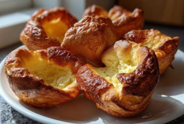A close-up of several golden brown, puffed yorkshire pudding towers sitting on a white plate.