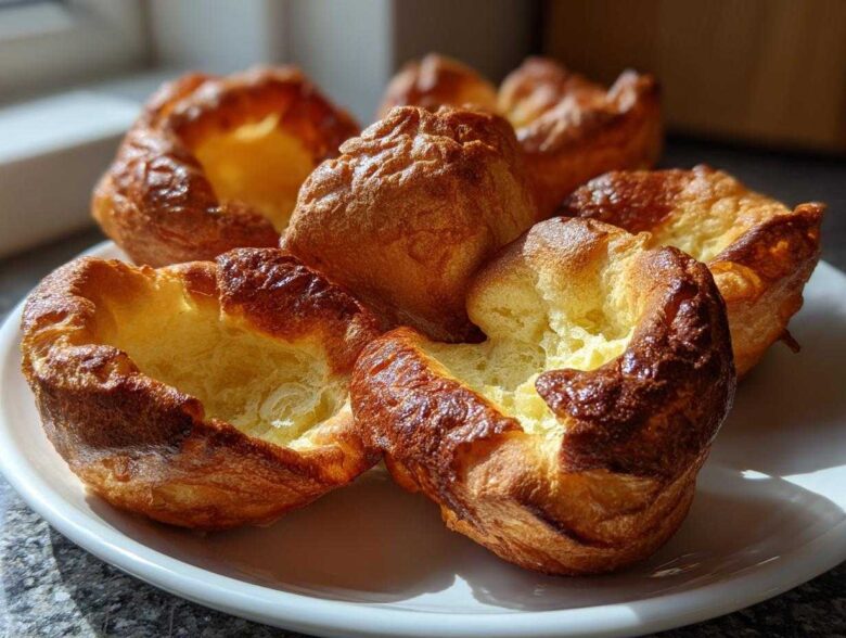A close-up of several golden brown, puffed yorkshire pudding towers sitting on a white plate.