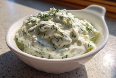 Close-up of thick 5-Minute Greek Yogurt Ranch Dip, creamy white with visible green herbs like dill, served in a white bowl.