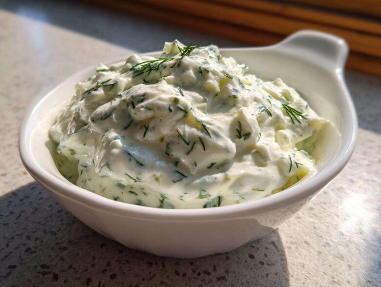 Close-up of thick 5-Minute Greek Yogurt Ranch Dip, creamy white with visible green herbs like dill, served in a white bowl.