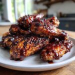 A close-up of crispy Air Fryer BBQ Chicken Wings heavily coated in a dark, glossy sauce, piled on a white plate.
