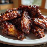 A pile of sticky, glazed Air Fryer BBQ Chicken Wings glistening under natural light on a white plate.