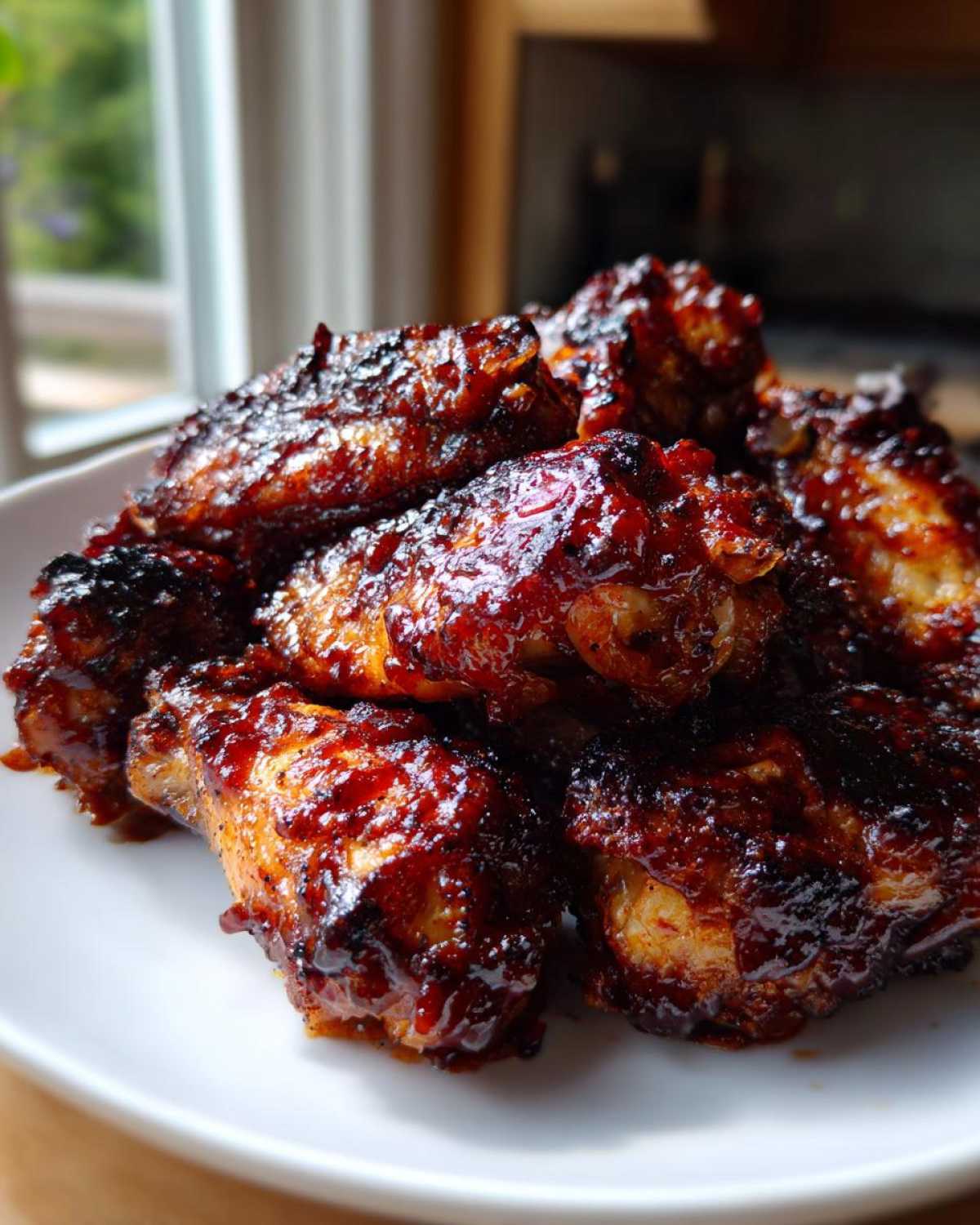 Close-up of glistening, saucy Air Fryer BBQ Chicken Wings piled high on a white plate.